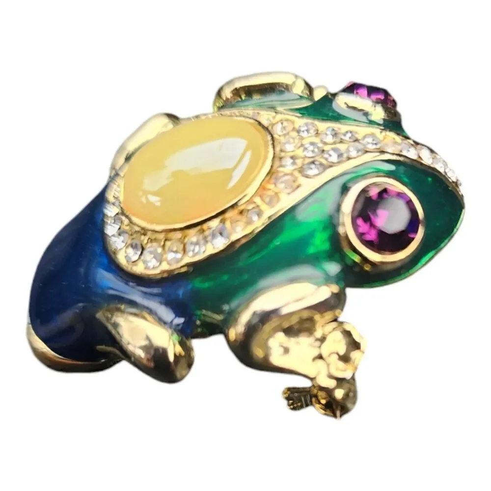 Vintage Frog Brooch Enamel Faux Pearl Crystals Green Gold Red Beads Frog Pin 🐸